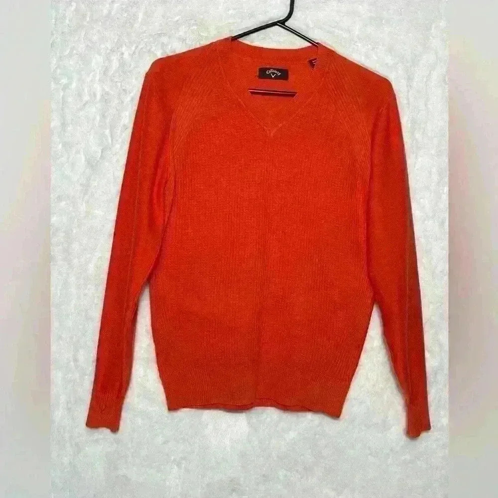 Callaway Orange Sport Golf Knit V Neck Mens PGA Sweater Logo Small Casual Bright